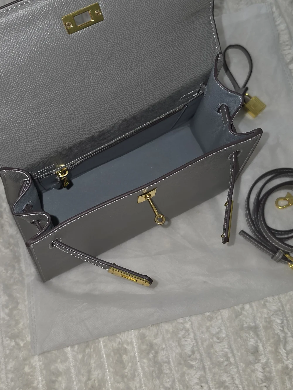 Gray Leather Top-Handle Bag with Gold Hardware